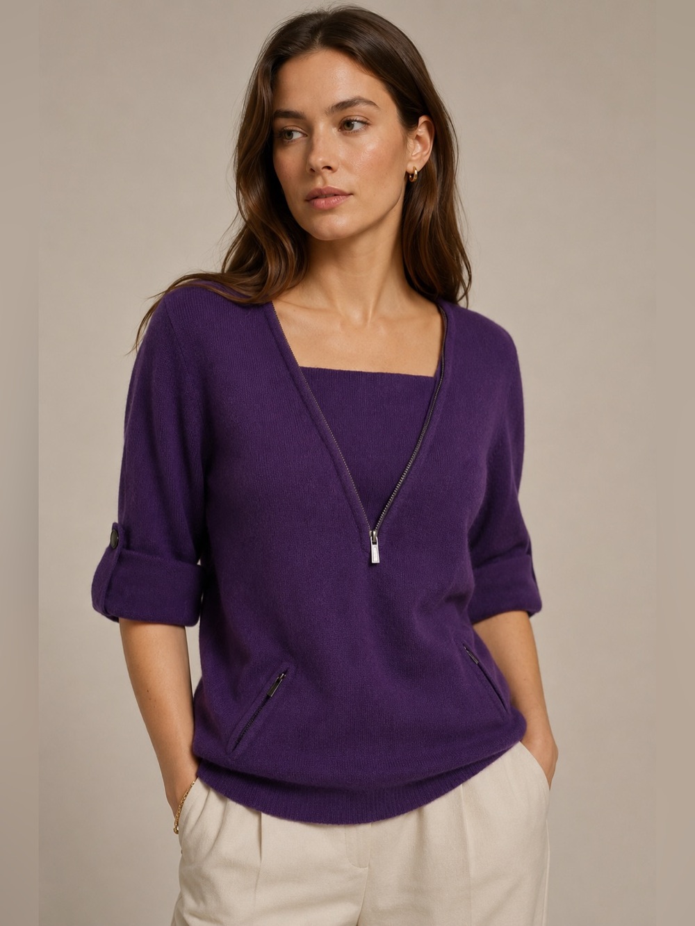 100% Cashmere BCBGMAXAZRIA Convertible Zip Sweater Luxe Plum Purple NWOT Sz XS/S